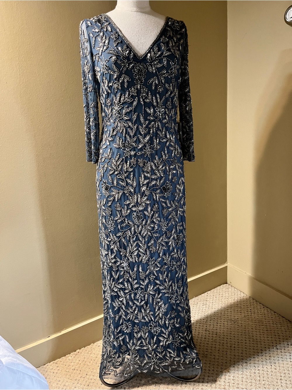 Pisarro Nights Grey V-Neck Beaded Evening Gown